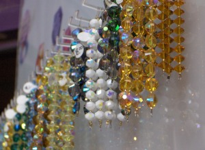 Crystals sparkle in the sun in Beyond Beadery's booth at the Best Bead Show.